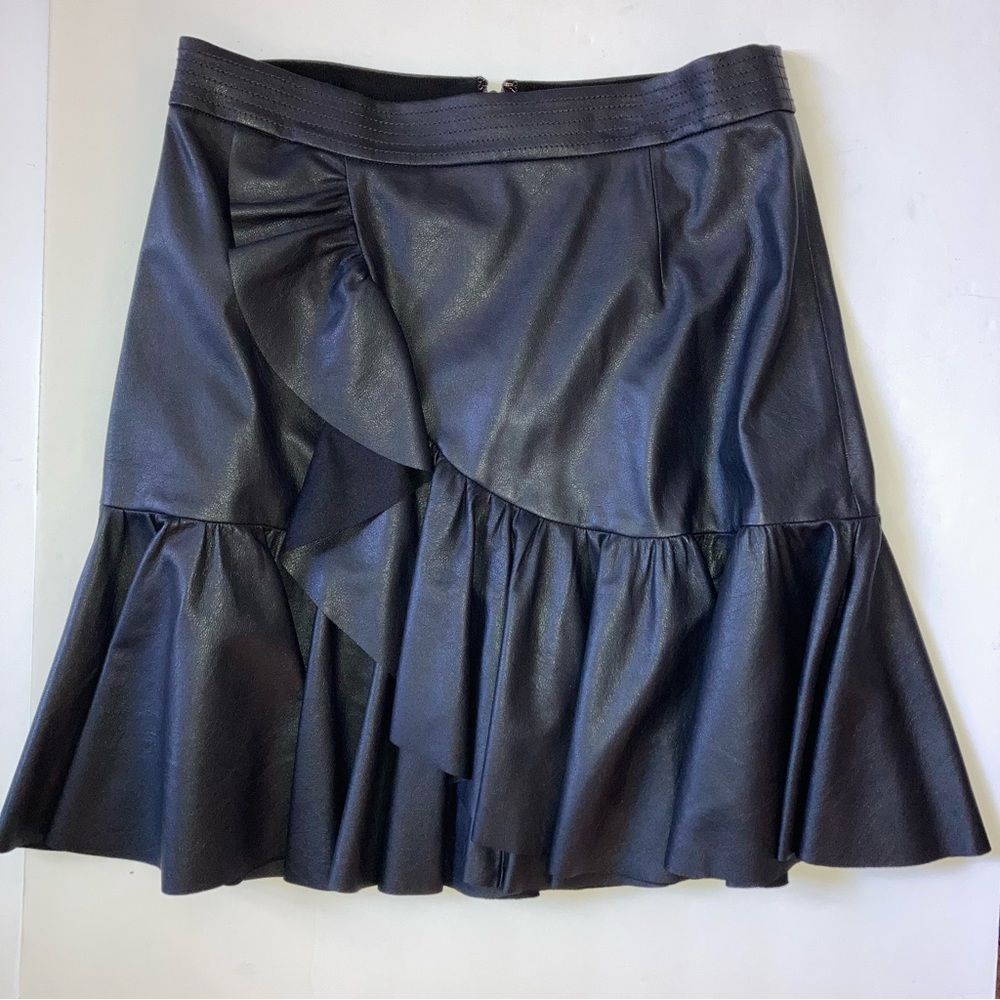 NWT Rebecca Taylor Vegan Leather Ruffled Skirt Dark Navy 6